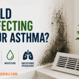 an air conditioning until with mold next to it from water leaking. The title "Mold Affecting Your Asthma" is overlayed on the image. The Mold Men NJ Logo is in the bottom right corner