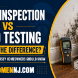 Mold inspection vs mold testing graphic showing moisture meter, mold test kit, and mold growth near a window