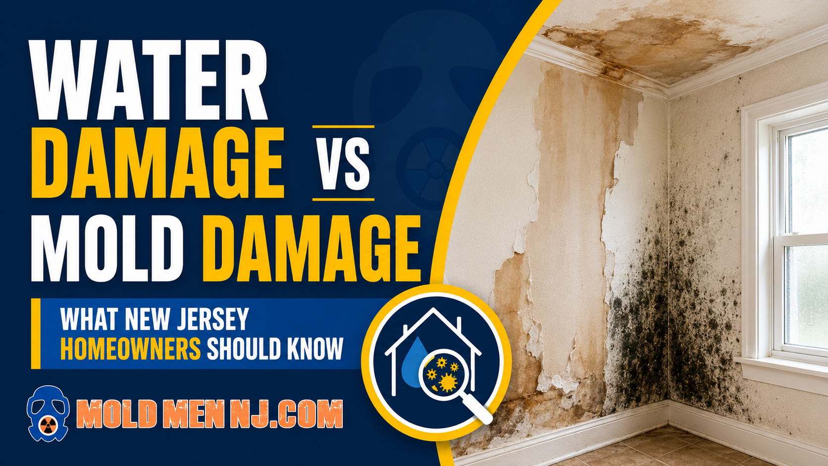 Water damage and mold damage on an interior wall showing stains, peeling paint, and visible mold growth in a New Jersey home