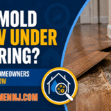 Featured image for Mold Men NJ article showing damaged flooring lifted near a moldy baseboard, with text reading “Can Mold Grow Under Flooring? What NJ Homeowners Should Know.”