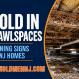 Featured image for Mold Men NJ article showing mold growth on crawlspace wood framing with plumbing pipes and damp ground, with text reading “Mold in Crawlspaces: Warning Signs for NJ Homes.”