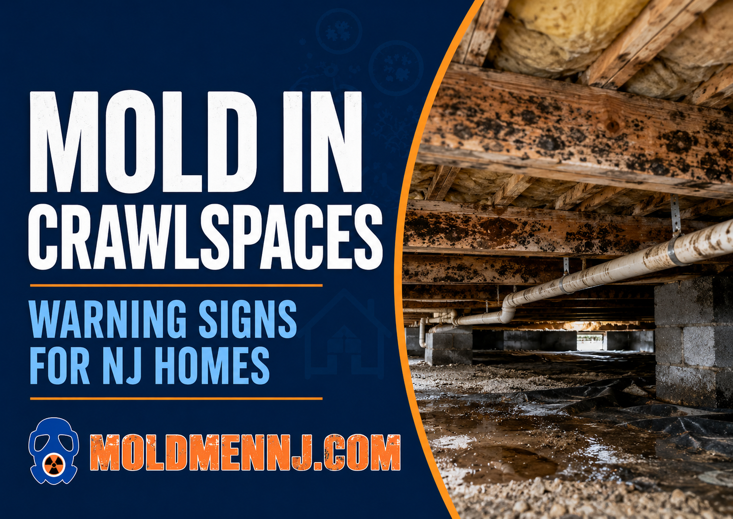 Featured image for Mold Men NJ article showing mold growth on crawlspace wood framing with plumbing pipes and damp ground, with text reading “Mold in Crawlspaces: Warning Signs for NJ Homes.”