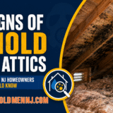 Featured image for Mold Men NJ article showing mold growth on attic wood sheathing and insulation, with text reading “Signs of Mold in Attics: What NJ Homeowners Should Know.”