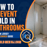 Featured image for Mold Men NJ article showing a bathroom shower with visible moisture and mold near tile, grout, and corners, with text reading “How to Prevent Mold in Bathrooms: A New Jersey Homeowner Guide.”