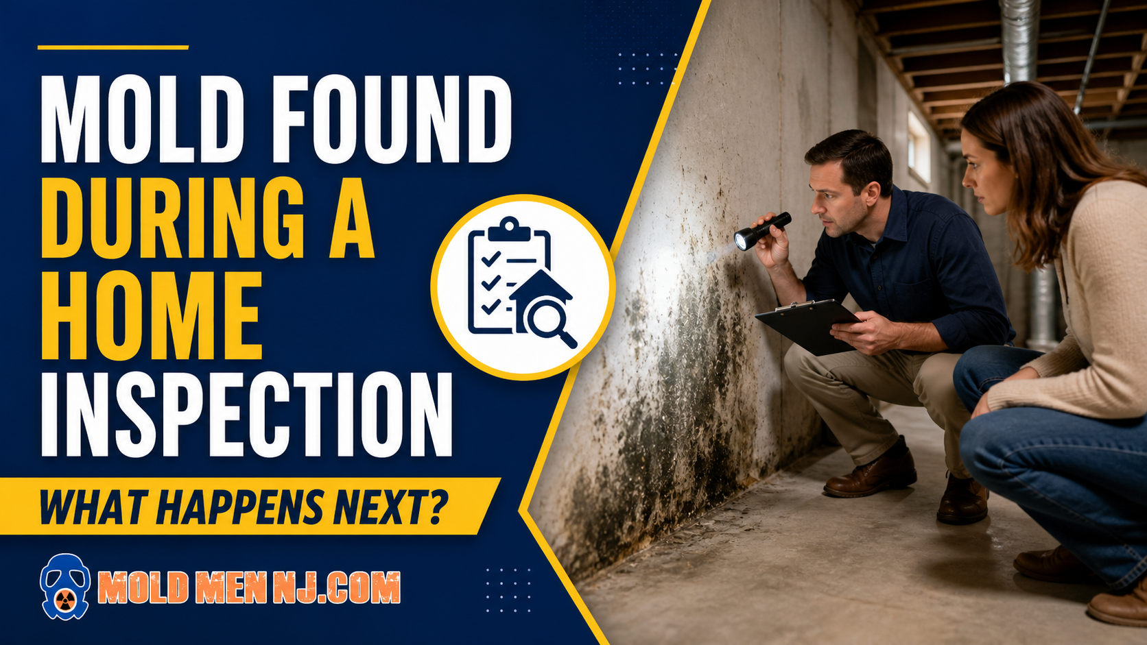Home inspector and homeowner examining mold on a basement wall during a New Jersey home inspection for Mold Men NJ.