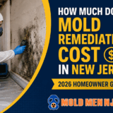 Mold remediation worker inspecting mold on a basement wall with cost and New Jersey graphics for Mold Men NJ.