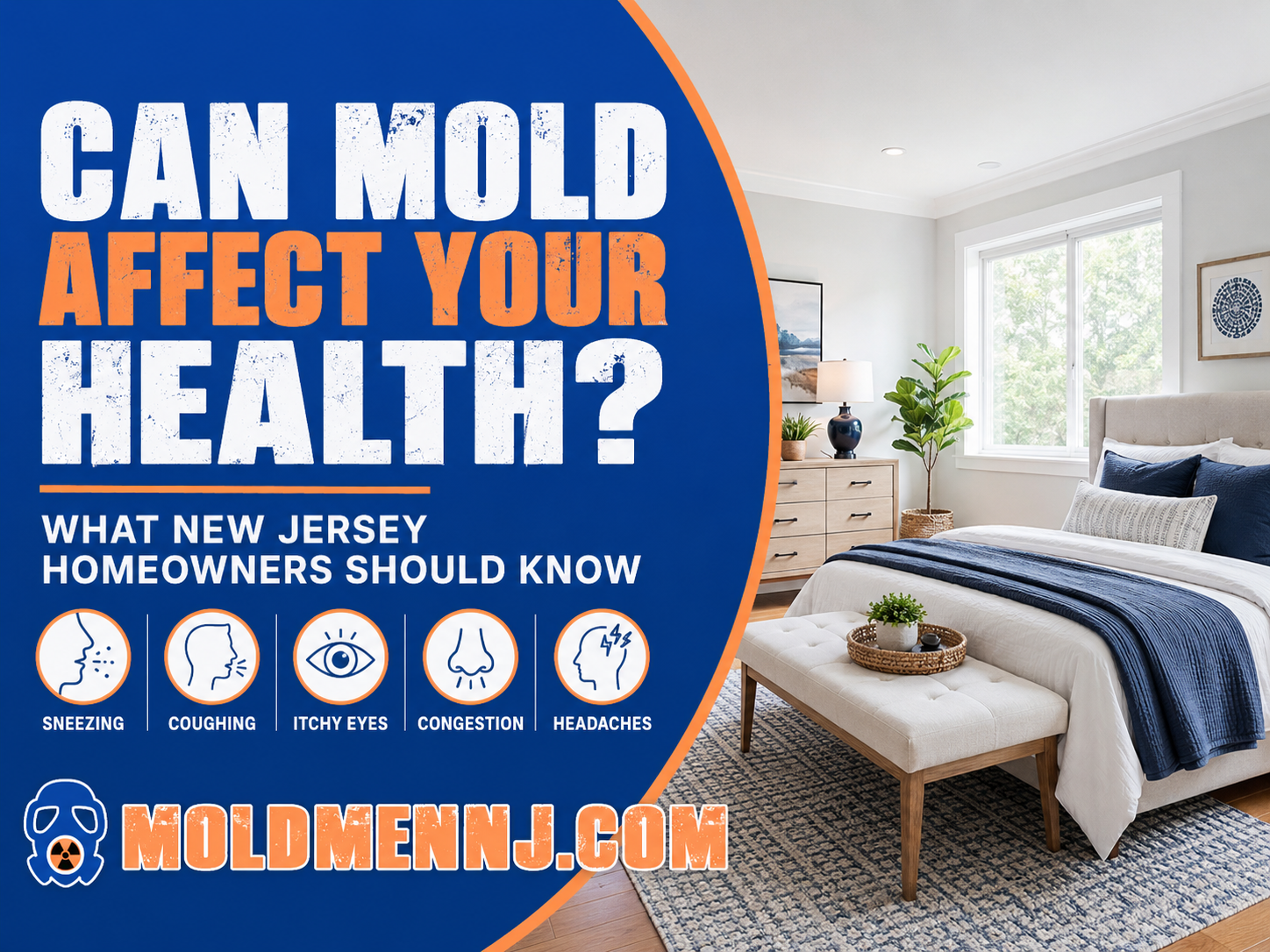 Can Mold Affect Your Health? Featured image for Can Mold Affect Your Health showing a clean bedroom with mold health warning icons and Mold Men NJ branding.