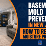 Featured image for Basement Mold Prevention in New Jersey showing a clean finished basement with a dehumidifier, storage shelves, and Mold Men NJ branding.