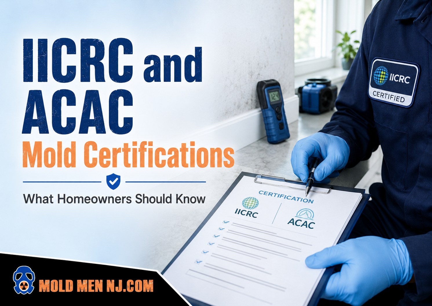 IICRC and ACAC Mold Certifications Featured image for IICRC and ACAC Mold Certifications showing a mold professional reviewing a certification checklist near a wall with moisture concerns.