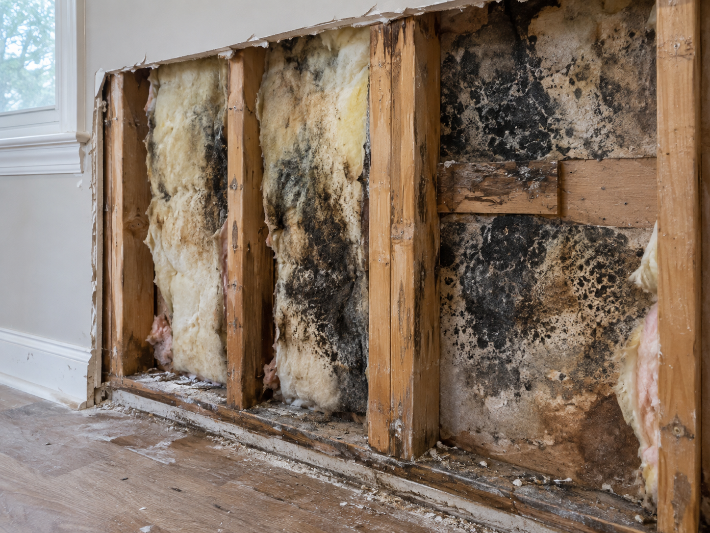 Black mold growth exposed behind drywall in a New Jersey home