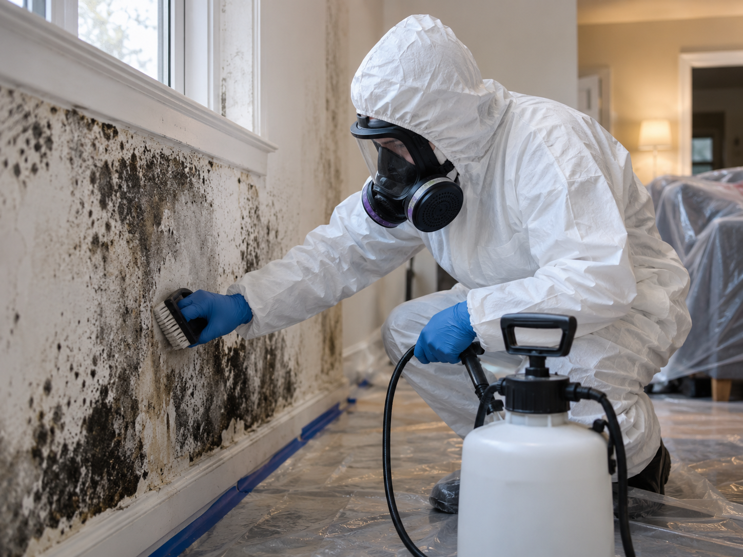 Technician performing black mold remediation in a New Jersey home