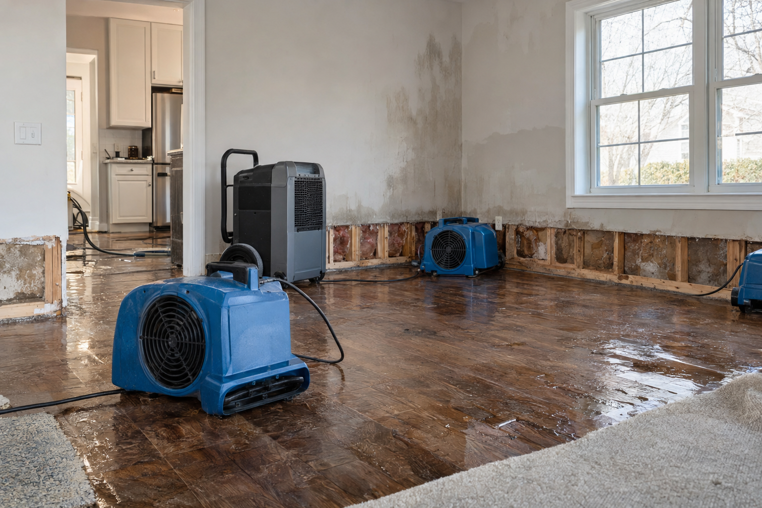 burst-pipe-water-damage-mold-risk Drying equipment set up in a wet interior room after a plumbing leak