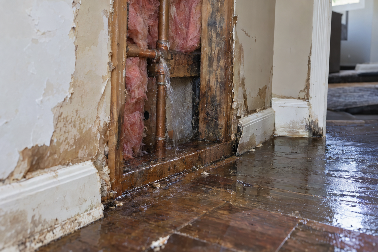 burst-pipe-water-damage-urgent-mitigation Water-damaged wall and floor near a failed pipe connection