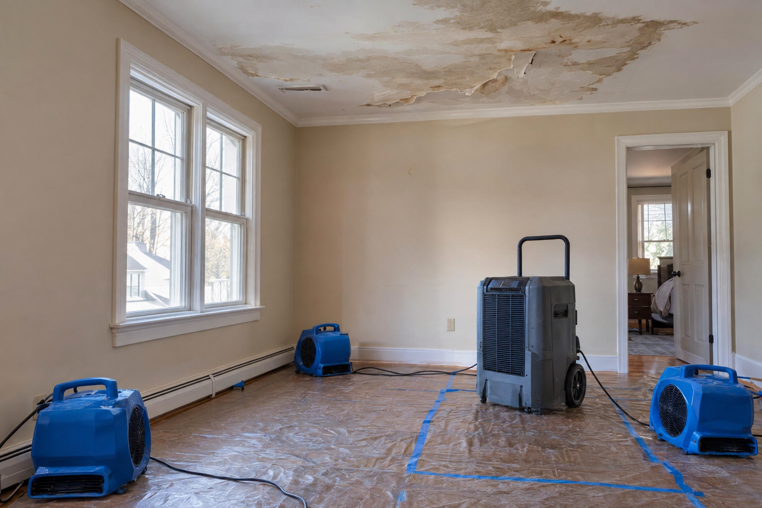 Drying equipment set up beneath a water-damaged ceiling