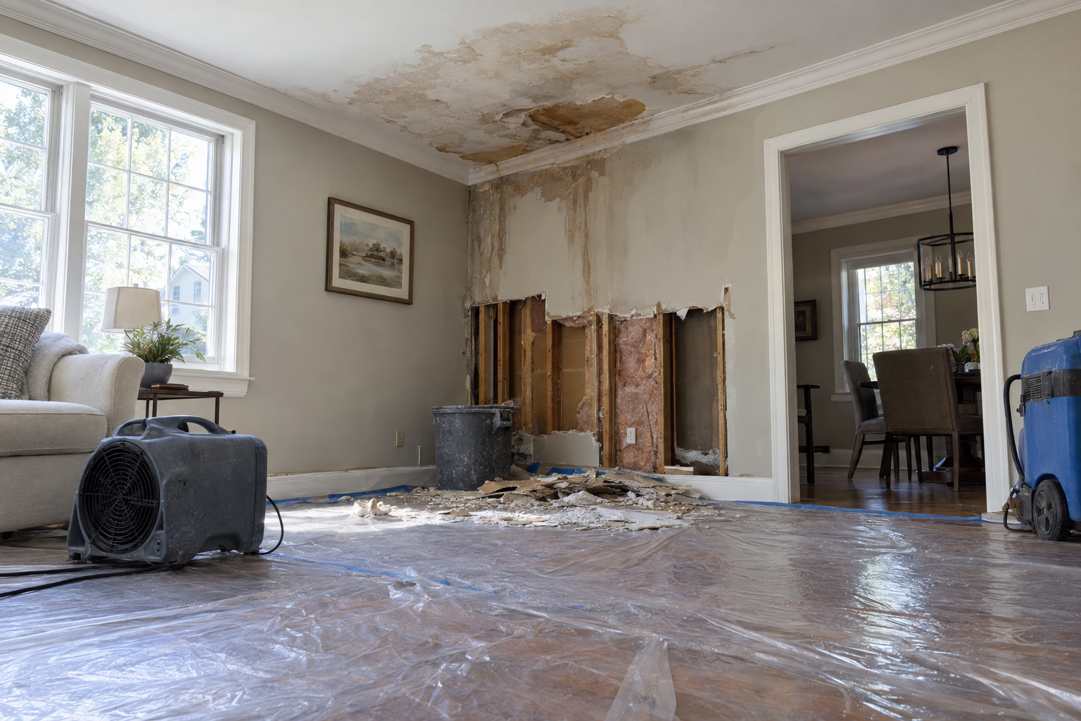 Ceiling water damage from a roof leak inside a New Jersey home