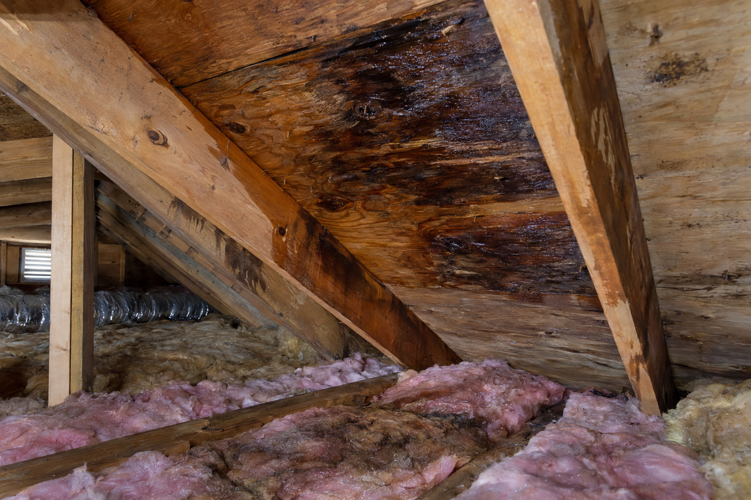 Wet attic insulation and roof sheathing after a roof leak