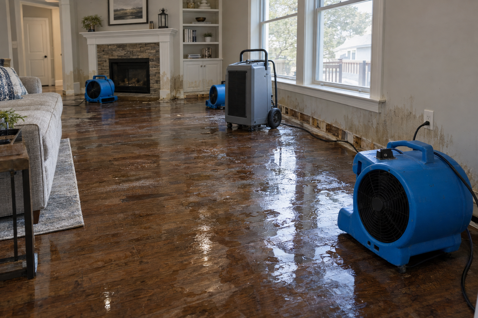 structural-drying-dehumidification-hero Professional drying equipment set up in a water-damaged New Jersey home interior