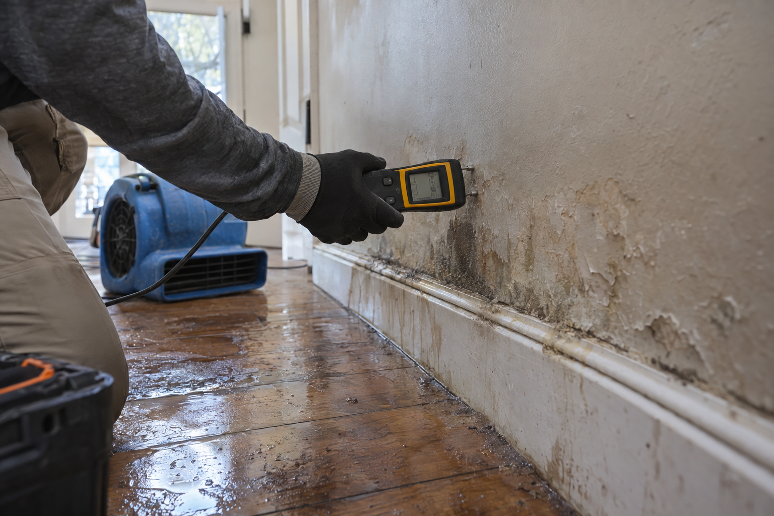 structural-drying-dehumidification-hidden-moisture Moisture meter checking a damp wall during structural drying