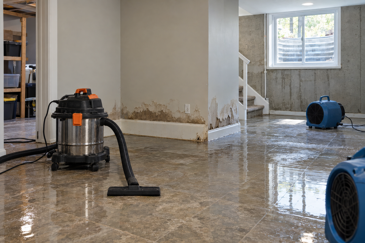 Standing water in a New Jersey basement with restoration equipment ready for cleanup