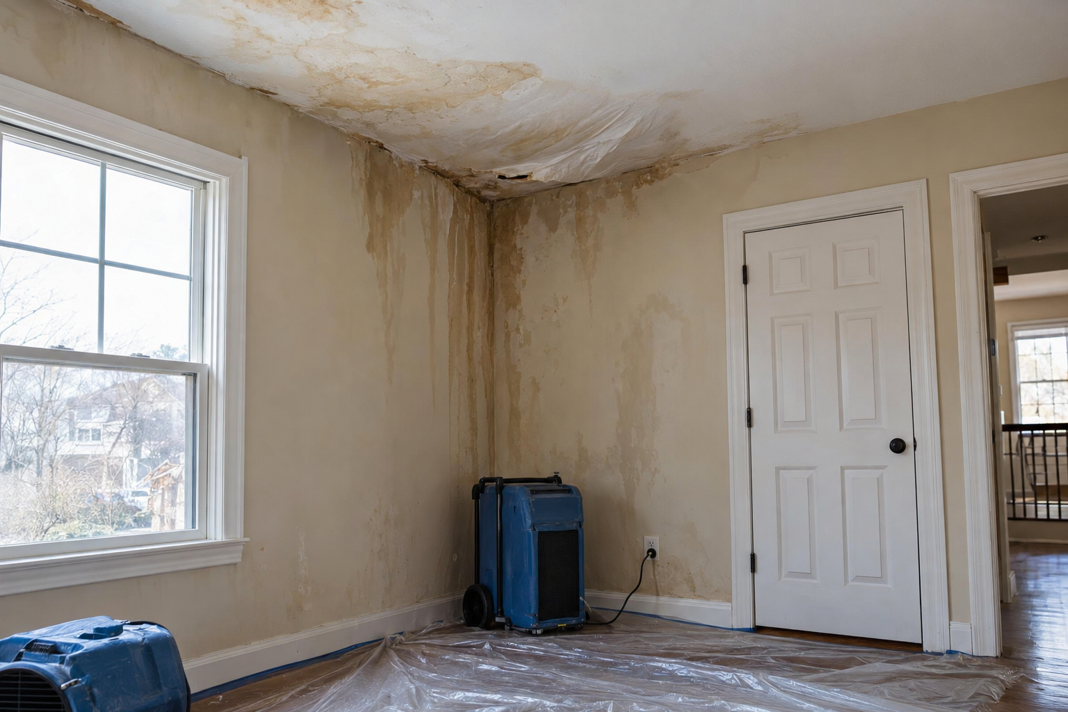 Water-stained ceiling and wall after a roof leak in a home