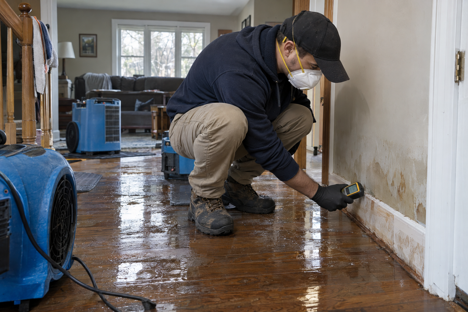 Technician using a moisture meter near wet flooring after water damage
