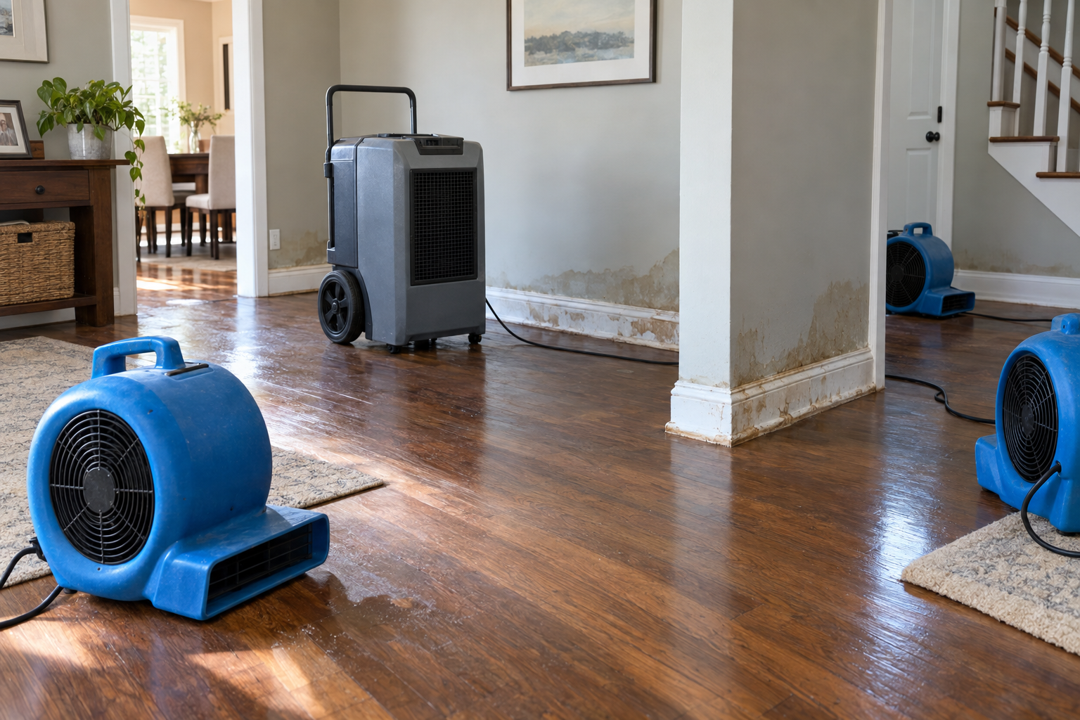 Air movers and dehumidifier drying a wet room after water damage