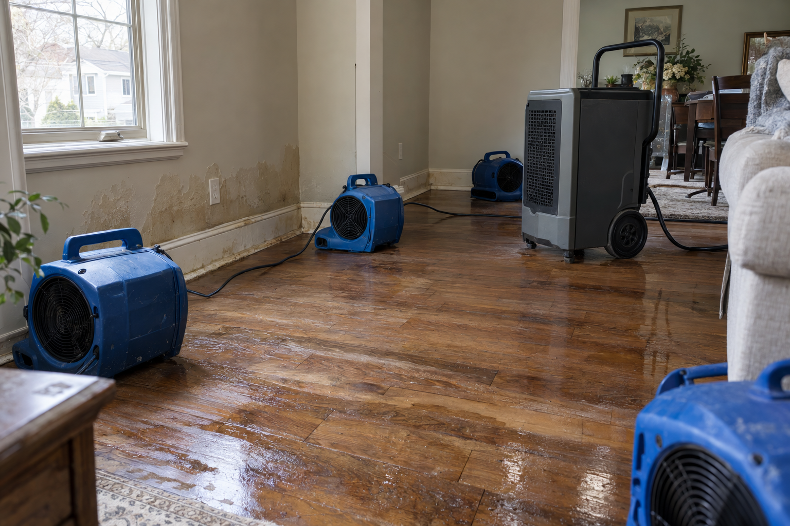 water-mitigation-drying-after-extraction Air movers and dehumidifier drying a water damaged room