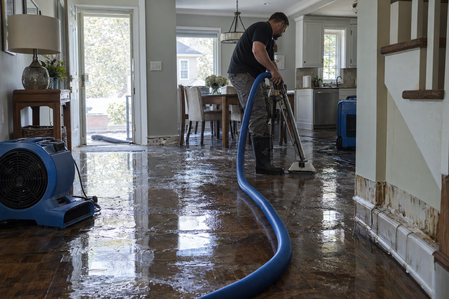 water-mitigation-hero Standing water on a residential floor during emergency water mitigation in New Jersey